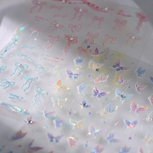 3D iridescent embossed butterfly and bow nail art stickers with delicate rhinestones
