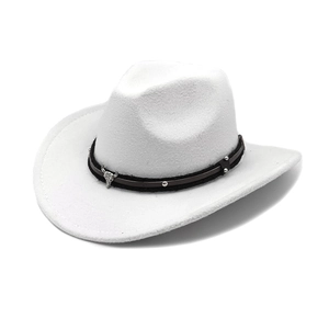 Detail of white felt cowboy hat with black band and silver bull head metal ornament