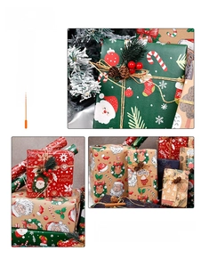 Detail of Christmas wrapping paper set with Santa patterns and decorative pine cones