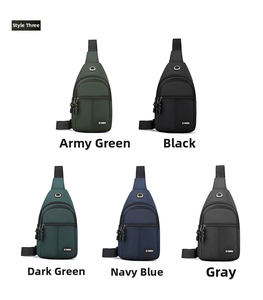 Waterproof nylon chest bags displayed in five colors including army green and navy blue