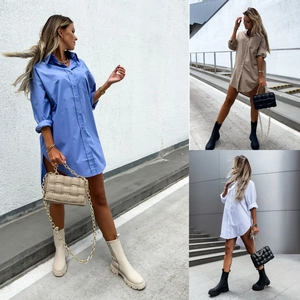 Women Oversized Long Sleeve Shirt Dress Polyester Cotton Blend V Neck Button Down Solid Color Loose Blouse