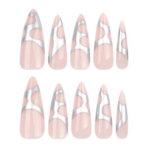 Pink stiletto fake nails set with abstract silver geometric patterns on white background