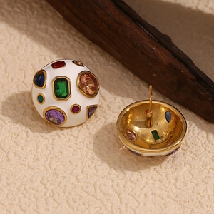 Gold-plated stainless steel dome stud earrings with white enamel and colorful crystals