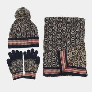 Ensemble hiver 3 pièces en tricot jacquard avec bonnet, écharpe et gants style nordique
