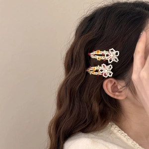 Mollette per capelli floreali con perline e fiori ricamati sui capelli di una modella