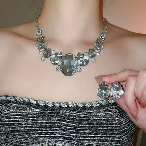 Detail view of a luxury grey faceted crystal necklace and matching teardrop earring set