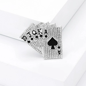 Silver plated royal flush poker cards brooch with rhinestones for hip hop fashion style