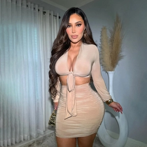 Two-piece beige set with V-neck long sleeve tie-front top and ruched mini skirt