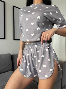 Women's gray short sleeve loungewear set with heart print and elastic waist shorts