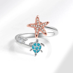 Elegant S925 silver turtle and starfish open ring with zircon and blue enamel accents