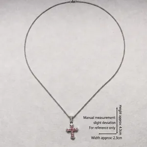 Silver cross necklace with pink stones, 4.3x2.3cm pendant dimensions for hip hop style