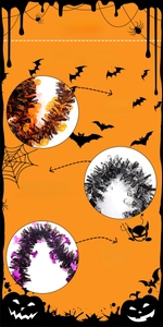 Detail showing three Halloween tinsel garland designs with pumpkin, skull, and bat motifs
