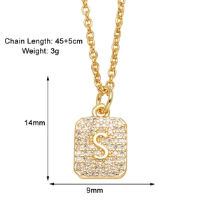 Detail showing dimensions of gold square S letter pendant necklace with zircon stones