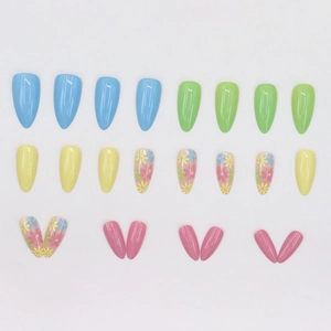 24er Set bunte Blumen-Kunstnägel in langer Stiletto-Form mit sommerlichen Mustern