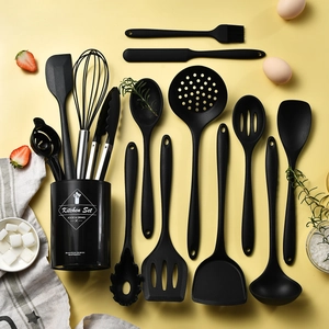 14-piece heat-resistant black silicone and stainless steel kitchen utensil set with holder