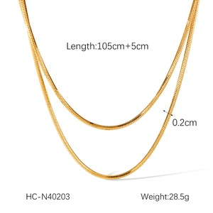 Close-up of double-layer 18K gold plated snake chain necklace with size specifications