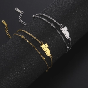 Minimalist stainless steel cat pendant double-layer bracelets in gold and silver finish