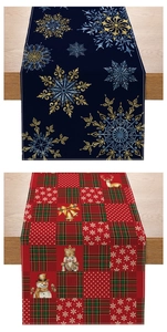 Detailed view of polyester Christmas table runners with snowflake and plaid holiday patterns