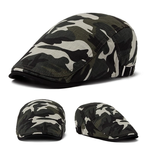 Detail view of camouflage flat cap with adjustable silver metal side buckle for men and women