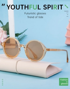 Detail of round retro tortoiseshell sunglasses resting on a white leather case