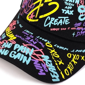 Black graffiti hip hop baseball cap with colorful street art print and flat brim