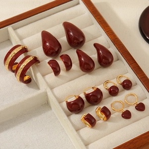Vintage Earrings For Women Red Enamel Copper Stud Earrings With 925 Sterling Silver Post Geometric Water Drop Heart Jewelry