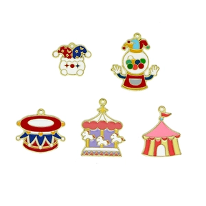 5pcs colorful circus enamel charms including clown and carousel with gold plating