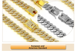 Macro detail of iced-out cuban link chain featuring silver and gold pavé rhinestones