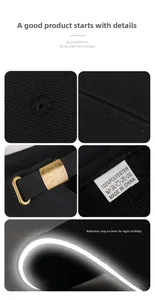 Détail de la casquette noire avec bord réfléchissant, boucle métal et tissu respirant
