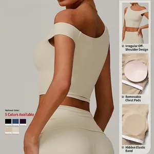 Gilet de yoga beige à épaule asymétrique avec coussinets amovibles et tissu élastique
