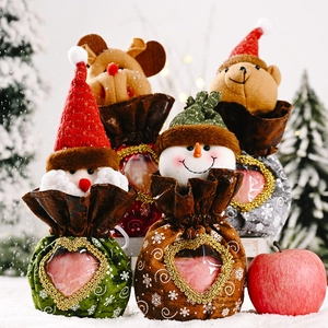 Christmas Cartoon Gift Bag Polyester Burlap Drawstring Storage Sack With Clear Heart Window For Candy Apple Festival Party Decoration