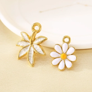 Gold-plated stainless steel white enamel leaf and daisy flower pendants for DIY jewelry