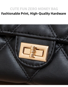 Close-up of golden metal turn-lock closure on black quilted leather crossbody bag