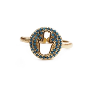 Detail of gold-plated Hamsa hand ring with micro-set blue stones and adjustable band