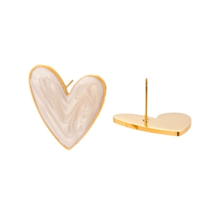 Elegant gold-plated stainless steel heart stud earrings with cream enamel marble texture