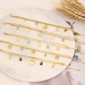 Pulsera De Acero Inoxidable Ojo Turco Chapada En Oro Turquesa Estrella Árbol De La Vida Colgante Cadena De Serpiente Multicapa Para Mujer