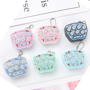 Mini whack-a-mole electronic game keychain in six pastel colors on white background