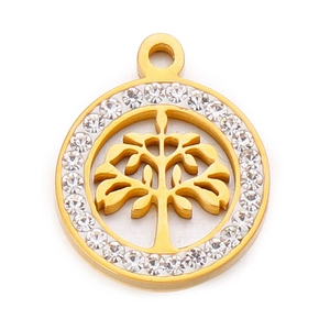 Golden stainless steel tree of life pendant with sparkling cubic zirconia outer ring