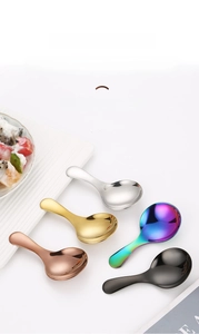 Detail showing colorful 304 stainless steel short handle round spoons with polished finish