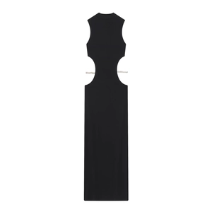 Robe longue noire sans manches avec découpe latérale et détails de bijoux en strass argentés