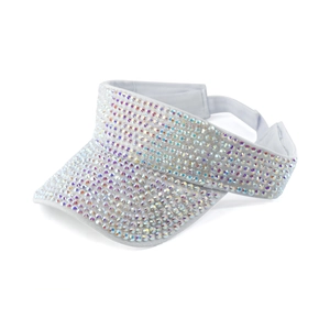 White sun visor hat with iridescent rhinestones and adjustable strap for women