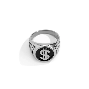 Retro hip-hop dollar sign ring in silver metal with black enamel and textured sides