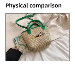 Size comparison of beige straw bag with green leather trim and tiger embroidery
