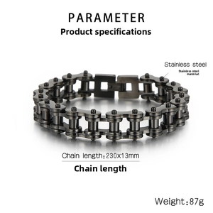 Vue détaillée du bracelet chaîne de motard en acier inoxydable 13mm noir industriel