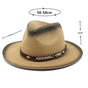 Detail of gradient straw fedora hat showing 7cm brim and leather band with rivets