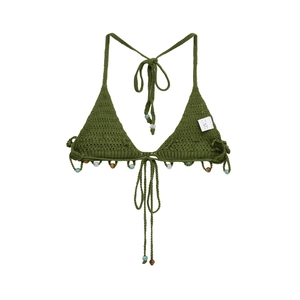 Detail of army green crochet bikini top with colorful bead trim on white background