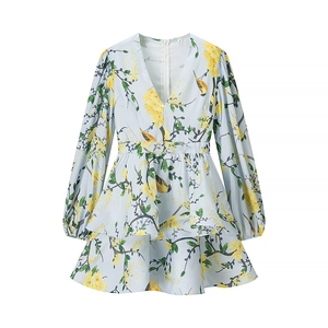 Summer V-neck puff sleeve linen dress featuring yellow floral and bird prints in light blue