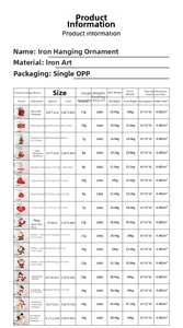 Detailed size chart for Christmas metal ornaments with dimensions and weights