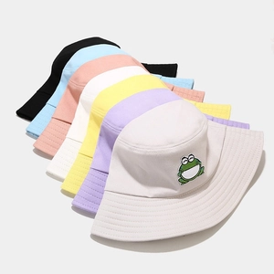 Cute cartoon frog embroidery cotton bucket hats available in seven assorted colors
