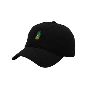 Classic black cotton baseball cap featuring a small yellow and green pineapple embroidery